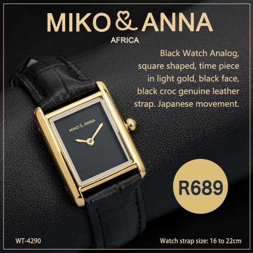 WT-4290 Black Watch Analog, square shaped, time piece in light gold, black face, black croc genuine leather strap. Japanese movement.