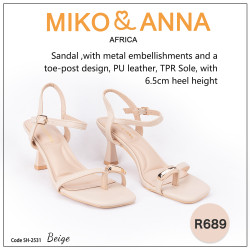 SH-2531-Beige Sandal ,with metal embellishments and a toe-post design, PU leather, TPR Sole, with 6.5cm heel height