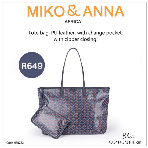 HB0282-Blue Tote bag, PU leather, with change pocket, with zipper closing. 40.5*14.5*31cm