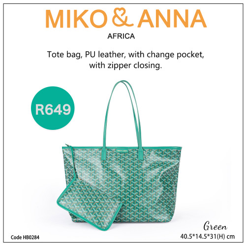 HB0284-Green Tote bag, PU leather, with change pocket, with zipper closing. 40.5*14.5*31cm