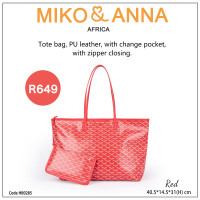 HB0285-Red Tote bag, PU leather, with change pocket, with zipper closing. 40.5*14.5*31cm