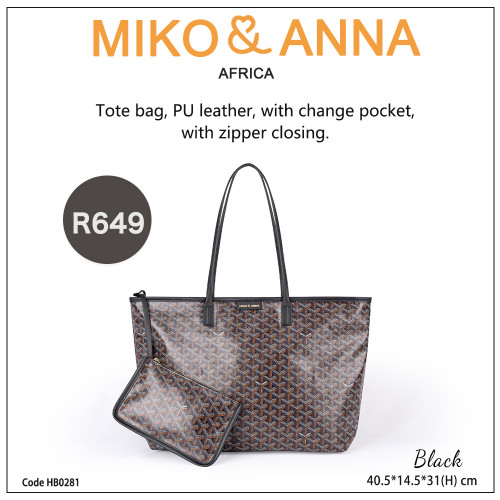 HB0281-Black Tote bag, PU leather, with change pocket, with zipper closing.40.5*14.5*31cm