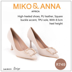 KM-019 Beige High-heeled shoes, PU leather, Square buckle accent, TPU sole, With 8.5cm heel height