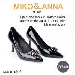 KM-020 Black High-heeled shoes, PU leather, Flower accents on the upper, TPU sole, With 8.5cm heel height