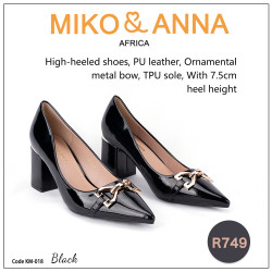 KM-018 Black High-heeled shoes, PU leather, Ornamental metal bow, TPU sole, With 7.5cm heel height