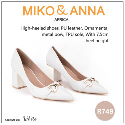 KM-018 White High-heeled shoes, PU leather, Ornamental metal bow, TPU sole, With 7.5cm heel height