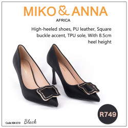 KM-019 Black High-heeled shoes, PU leather, Square buckle accent, TPU sole, With 8.5cm heel height