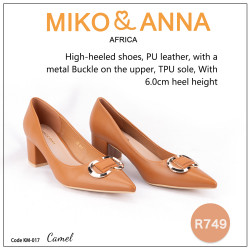 KM-017 Camel High-heeled shoes, PU leather, with a metal Buckle on the upper, TPU sole, With 6.0cm heel height