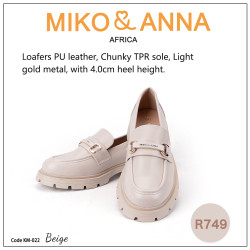 KM-022 Beige Loafers PU leather, Chunky TPR sole, Light gold metal, with 4.0cm heel height.