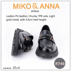 KM-022 Black Loafers PU leather, Chunky TPR sole, Light gold metal, with 4.0cm heel height.