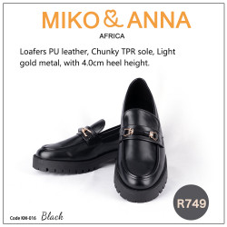KM-016 Black Loafers PU leather, Chunky TPR sole, Light gold metal, with 4.0cm heel height.