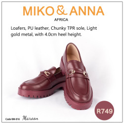 KM-016 Maroon Loafers, PU leather, Chunky TPR sole, Light gold metal, with 4.0cm heel height.