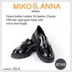 KM-021 Black Patent leather Loafers, PU leather, Chunky TPR sole, Light gold metal, with 4.0cm heel height.
