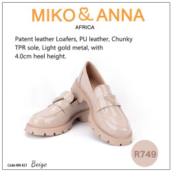 KM-021 Beige Patent leather Loafers, PU leather, Chunky TPR sole, Light gold metal, with 4.0cm heel height.