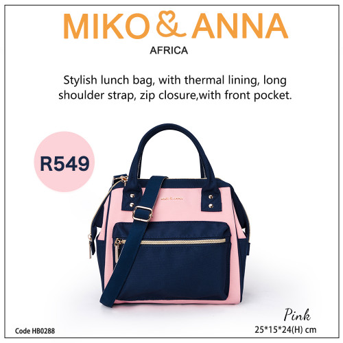 HB0288-Pink Stylish lunch bag, with thermal lining, long shoulder strap, zip closure,with front pocket.25*15*24cm