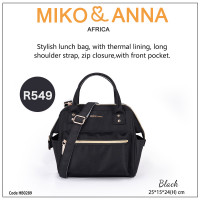 HB0289-Black Stylish lunch bag, with thermal lining, long shoulder strap, zip closure,with front pocket.25*15*24cm