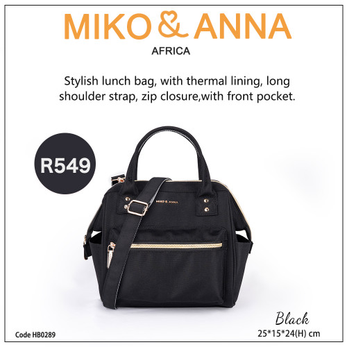 HB0289-Black Stylish lunch bag, with thermal lining, long shoulder strap, zip closure,with front pocket.25*15*24cm