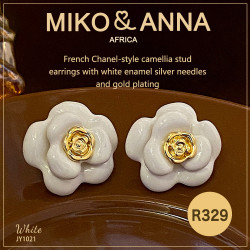 JY1021 White French Chanel-style camellia stud earrings with white enamel silver needles and gold plating