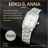 WT-1828 White Watch Analog, rectangular shaped, time piece in silver. White face. Silver metal strap.