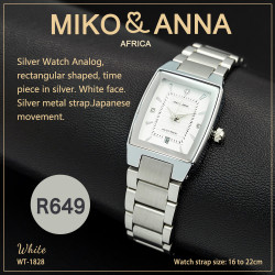 WT-1828 White Watch Analog, rectangular shaped, time piece in silver. White face. Silver metal strap.