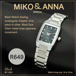 WT-1828 Black Watch Analog, rectangular shaped, time piece in silver. Black face. Silver metal strap.