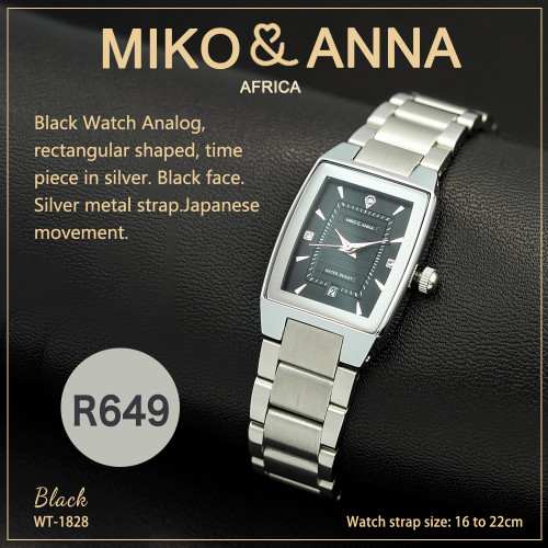 WT-1828 Black Watch Analog, rectangular shaped, time piece in silver. Black face. Silver metal strap.