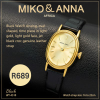 WT-4510 Black Watch Analog, oval shaped, time piece in light gold, light gold face, jet black croc genuine leather strap