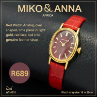 WT-4510 Red Watch Analog, oval shaped, time piece in light gold, light gold face, jet black croc genuine leather strap