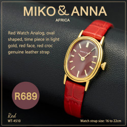 WT-4510 Red Watch Analog, oval shaped, time piece in light gold, light gold face, jet black croc genuine leather strap