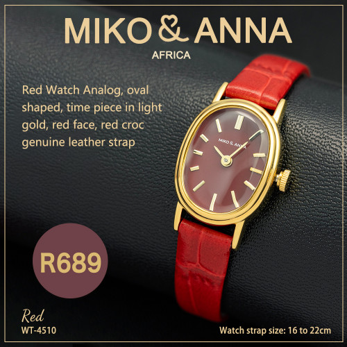 WT-4510 Red Watch Analog, oval shaped, time piece in light gold, light gold face, jet black croc genuine leather strap