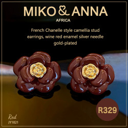 JY1021 Red French Chanel-style camellia stud earrings with white enamel silver needles and gold plating