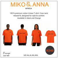 T-0001 Orange 100 % premium cotton Unisex T-shirt. Crew neck, relaxed fit, designed for style & comfort. Available in black or orange