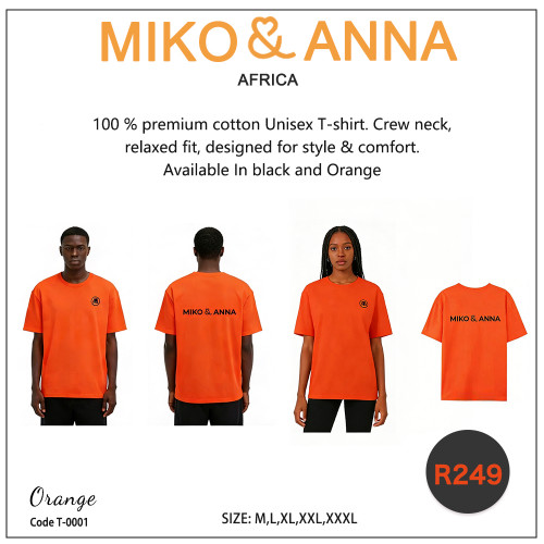 T-0001 Orange 100 % premium cotton Unisex T-shirt. Crew neck, relaxed fit, designed for style & comfort. Available in black or orange