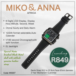 W0007 watch Special Matte brushed Black Metal shell with jet black genuine leather strap,6 Digits LCD Display,face 47mm