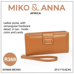 WA9668-Brown Ladies purse, with rectangular hardware detail, in tan.20*3.1*10.4cm