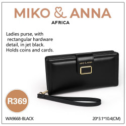 WA9668-Black Ladies purse, with rectangular hardware detail, in jet black.20*3.1*10.4cm